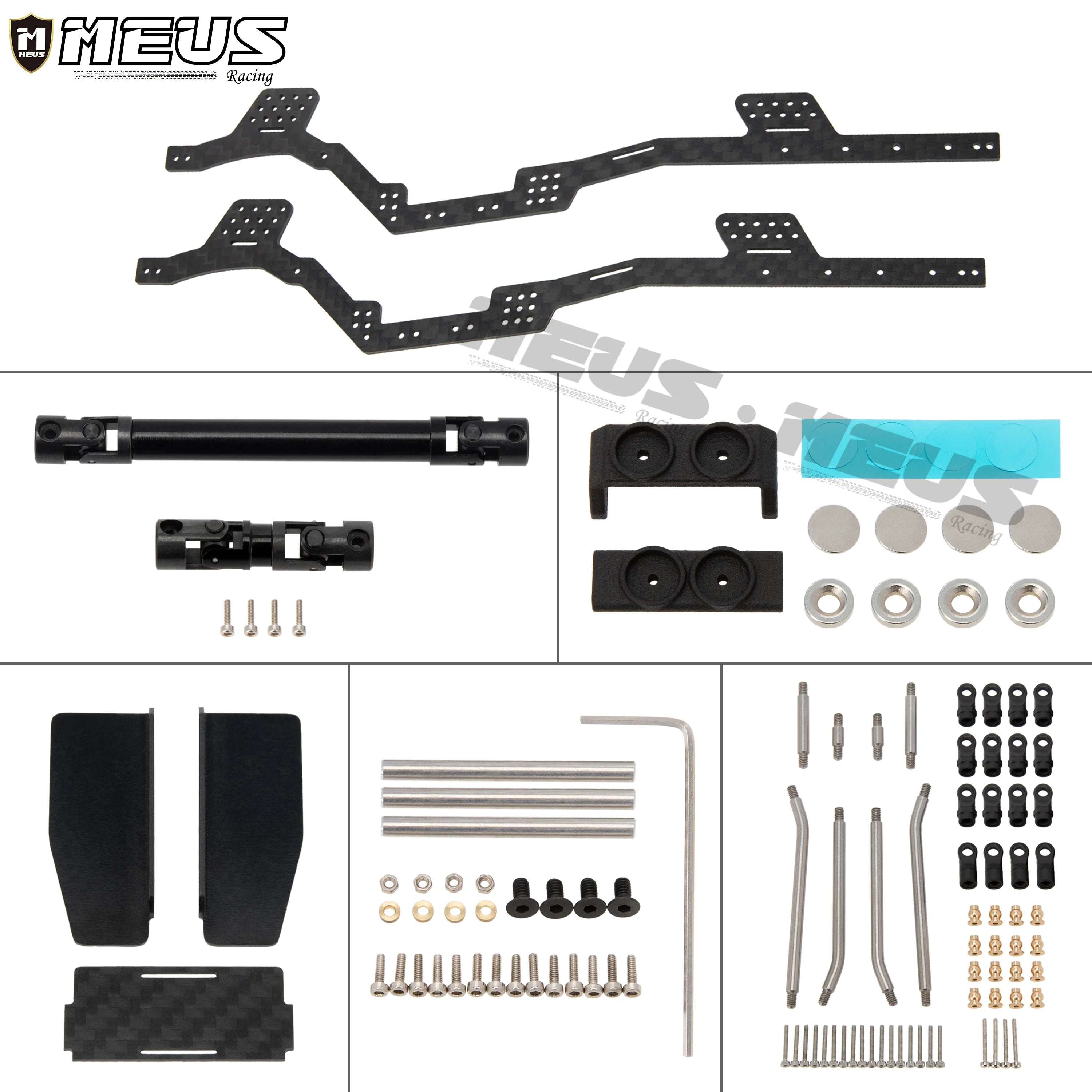 Meus Racing 1/24 Transmission Front System DIY Kits LCG Carbon Fiber Chassis Frame Bend Links Drive Shaft Magnetic Invisible Body Mount 132MM Wheelbase for SCX24 C10 Wrangler - HeliDirect