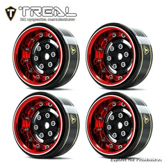 TREAL 1.0 Beadlock Wheels Deep Dish Rims (4P) for SCX24 AX24 FCX24 TRX4M 1/24 1/18 Crawler Car-Type F - BLACK & RED - HeliDirect