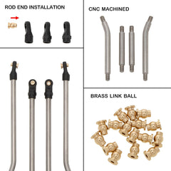 MEUS Racing Stainless Steel High Clearance Chassis Links Steering Links Set 10pcs 132mm Wheelbase for 1/24 Rock Crawler Car SCX24 C10 Bronco Wrangler - HeliDirect