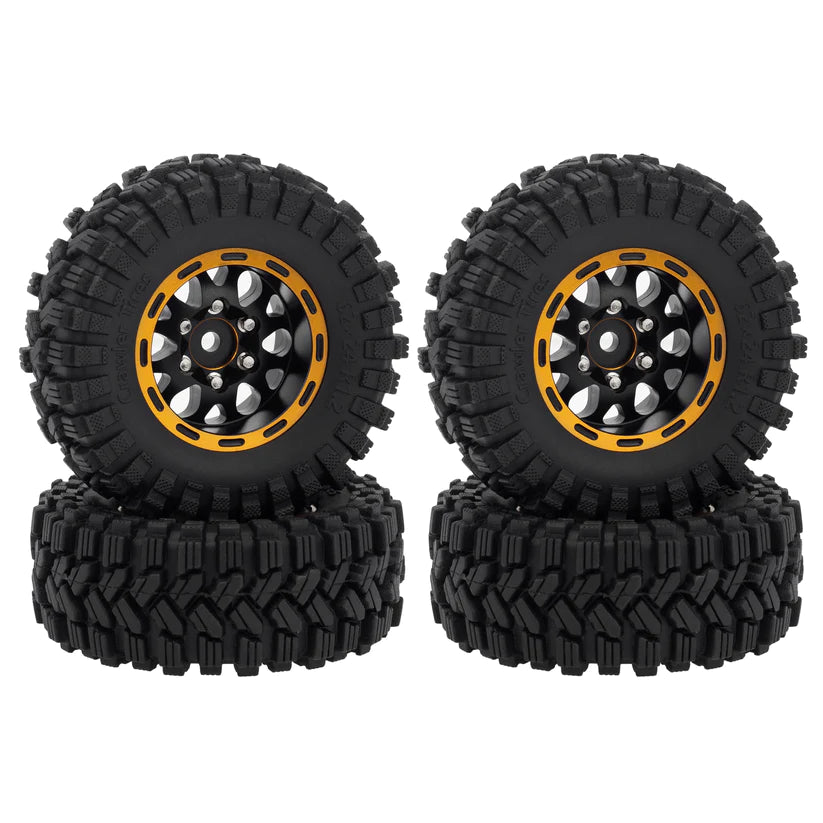 MEUS Racing 1.2-inch Beadlock Wheels Brass Rim+ Aluminum 1.0(plus) Tire Set Negative Hub -4MM 42G For TRX4M SCX24 - Black Model A - HeliDirect