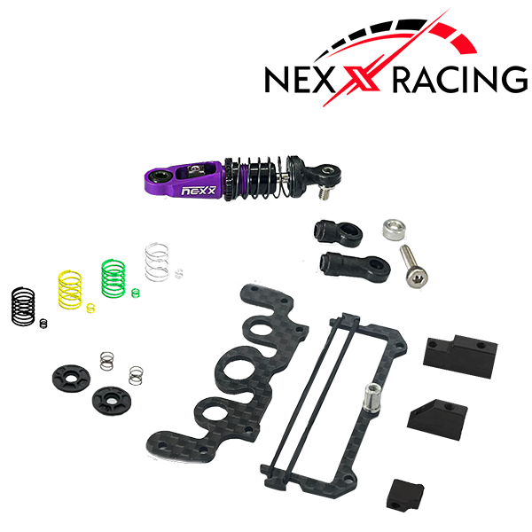 NXUSA-300-62 Nexx Racing Combo Dual Spring Center Oil Shock Premium + Conversion Battery Mount for Specter Kit - PURPLE - HeliDirect