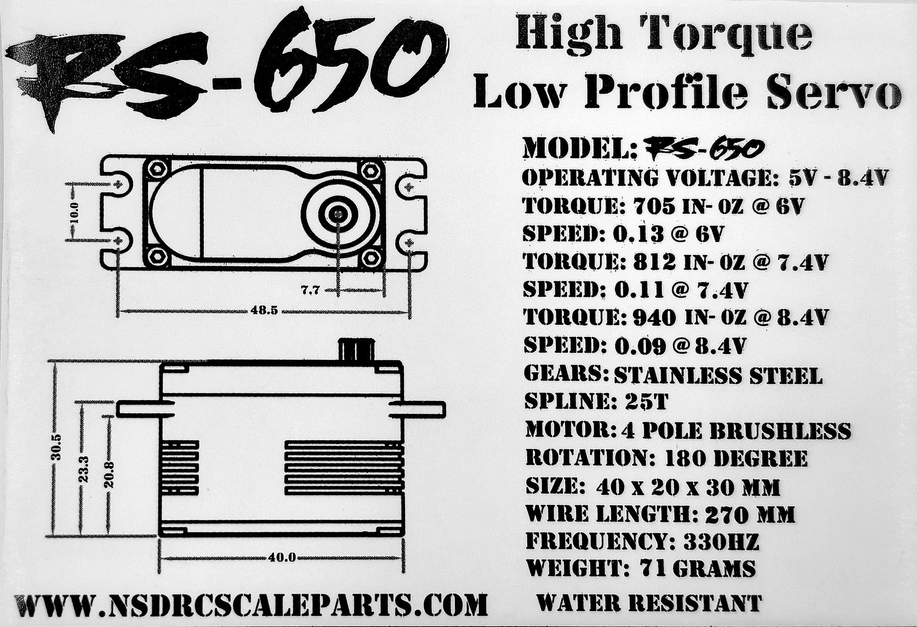 NSDRC RS650 HIGH TORQUE LOW PROFILE 8.4V BRUSHLESS SERVO - HeliDirect
