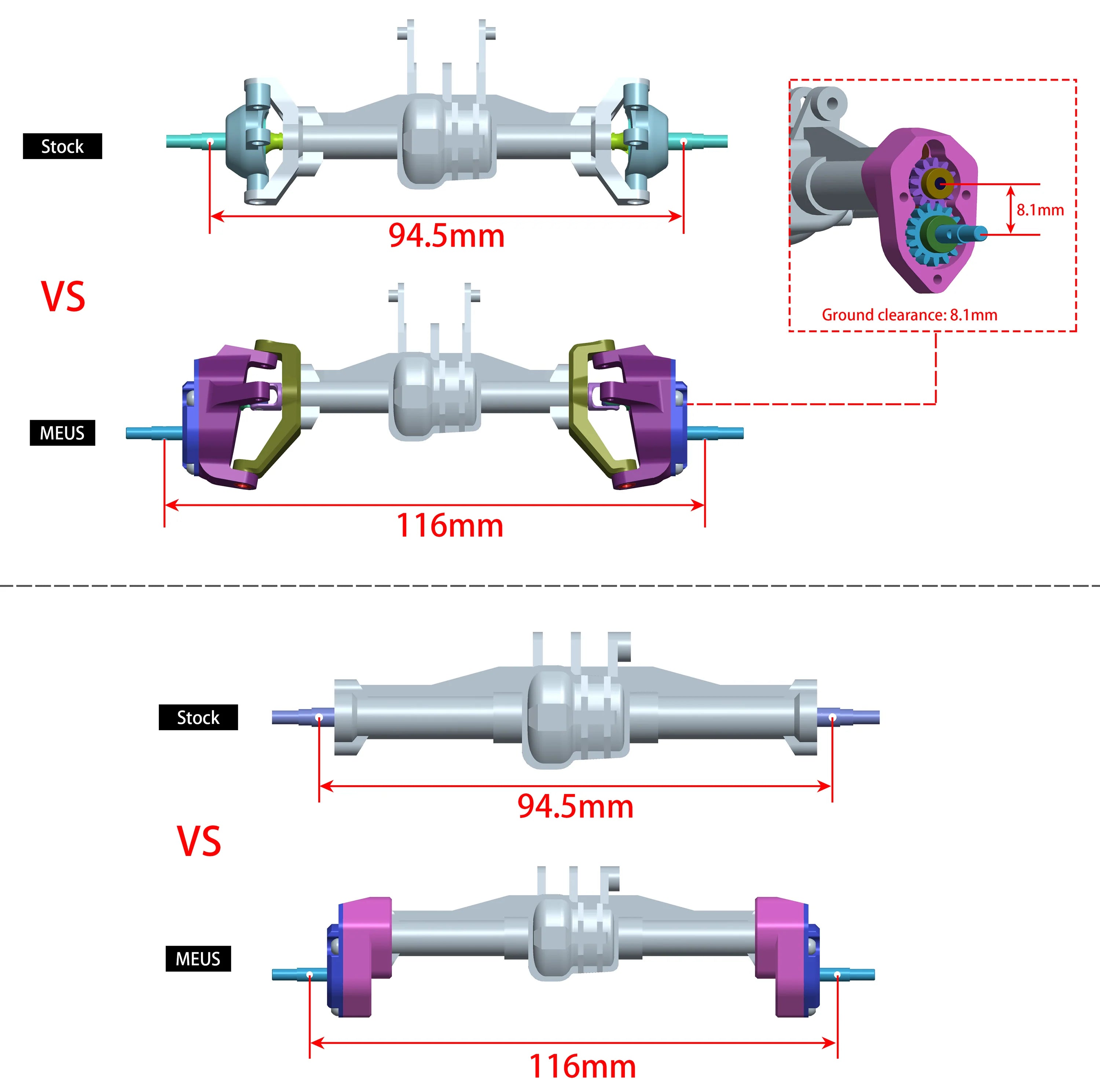 MEUS RACING  Front and Rear Portal axle DIY kit Aluminum Straight axle to Portal axle kit Ground Clearance +8.1MM for 1/18 TRX4M (Aluminum Red) - HeliDirect
