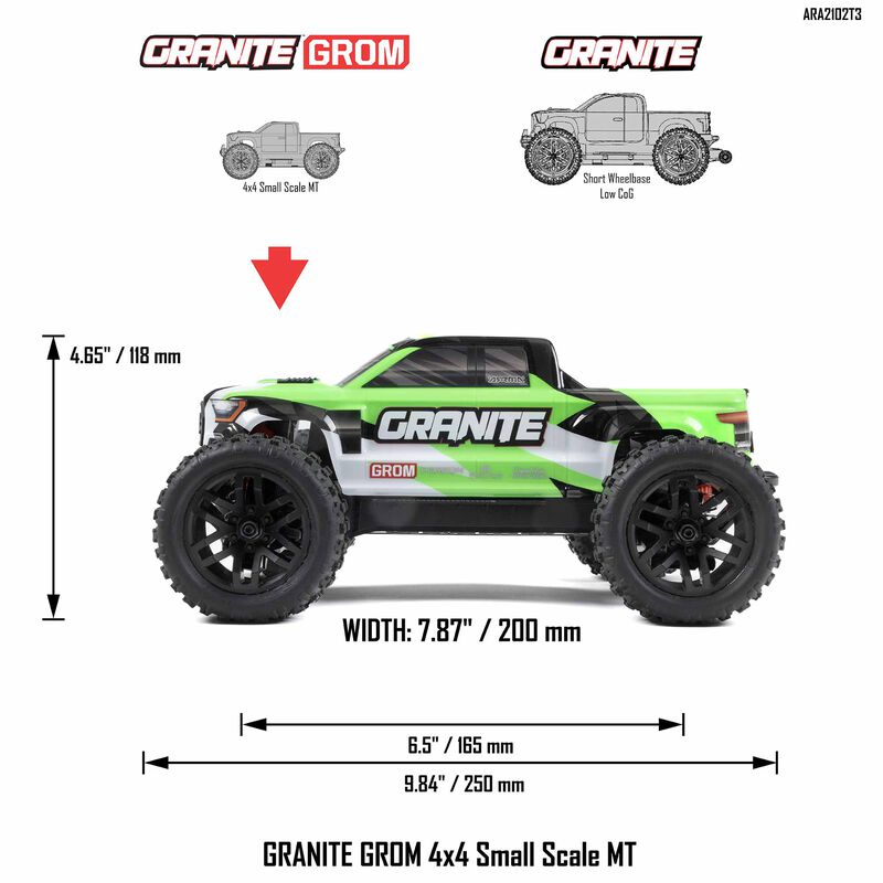 ARRMA 1/18 GRANITE GROM MEGA 380 Brushed 4X4 Monster Truck RTR with Battery & Charger - GREEN - HeliDirect