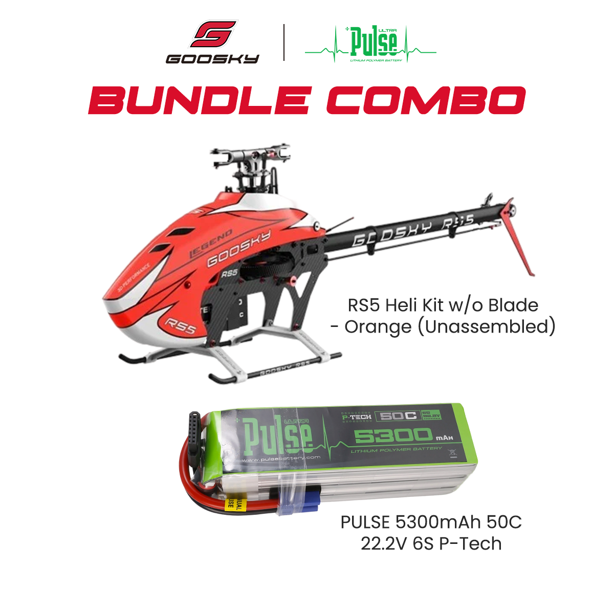 Goosky Legend RS5 Unassembled Kit w/o Blade (Orange) Combo With Pulse 5300mAh 50C 22.2V 6S P-Tech LiPo Battery