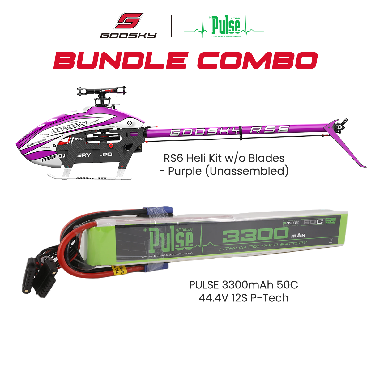 Goosky Legend RS6 Unassembled Kit w/o Blade (Purple) Combo With Pulse 3300mAh 50C 44.4V 12S P-Tech LiPo Battery