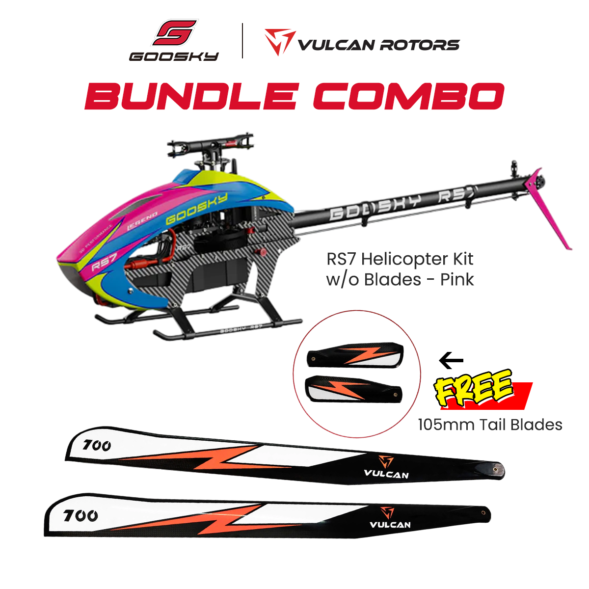 Goosky Legend RS7 Helicopter Kit w/o Blades (Pink) Combo With Vulcan 700mm EVO Main Blades & 105mm Tail Blades