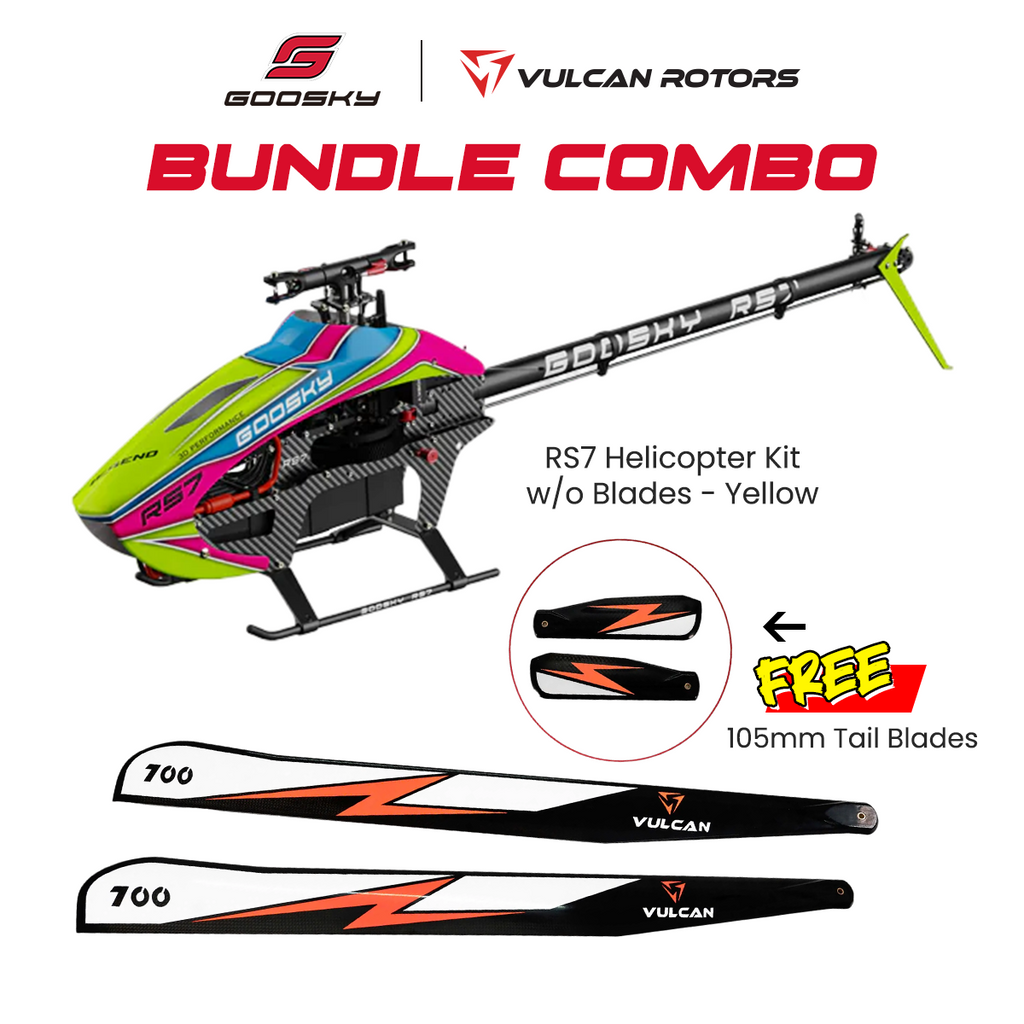 Goosky Legend RS7 Helicopter Kit (Yellow) Combo With Vulcan 700mm EVO Main Blades & 105mm Tail Blades