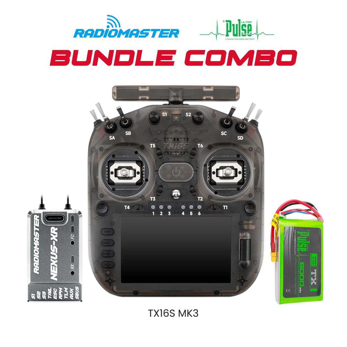 RadioMaster Ultimate Radio Bundle – TX16S MK3 (Black), Nexus-XR Flight Controller (Grey) & Pulse 6000mAh 2S 7.4V LiPo Transmitter Battery