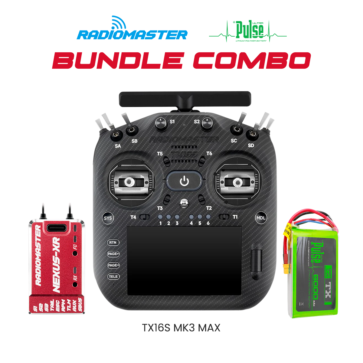 RadioMaster Ultimate Radio Bundle – TX16S MK3 MAX (Black), Nexus-XR Flight Controller (Red) & Pulse 6000mAh 2S 7.4V LiPo Transmitter Battery