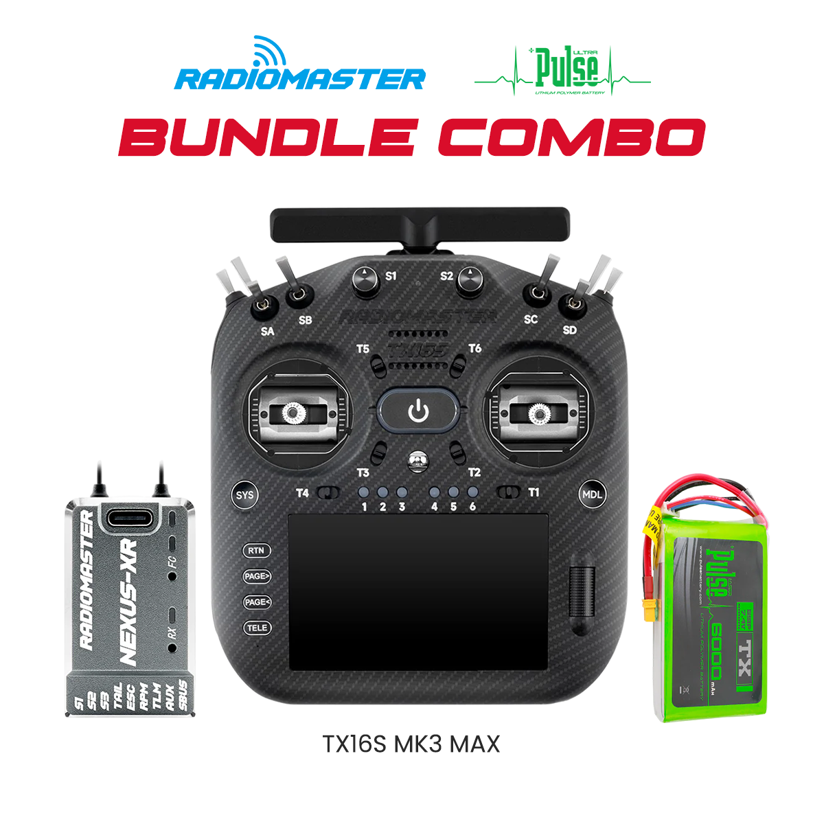 RadioMaster Ultimate Radio Bundle – TX16S MK3 MAX (Black), Nexus-XR Flight Controller (Grey) & Pulse 6000mAh 2S 7.4V LiPo Transmitter Battery