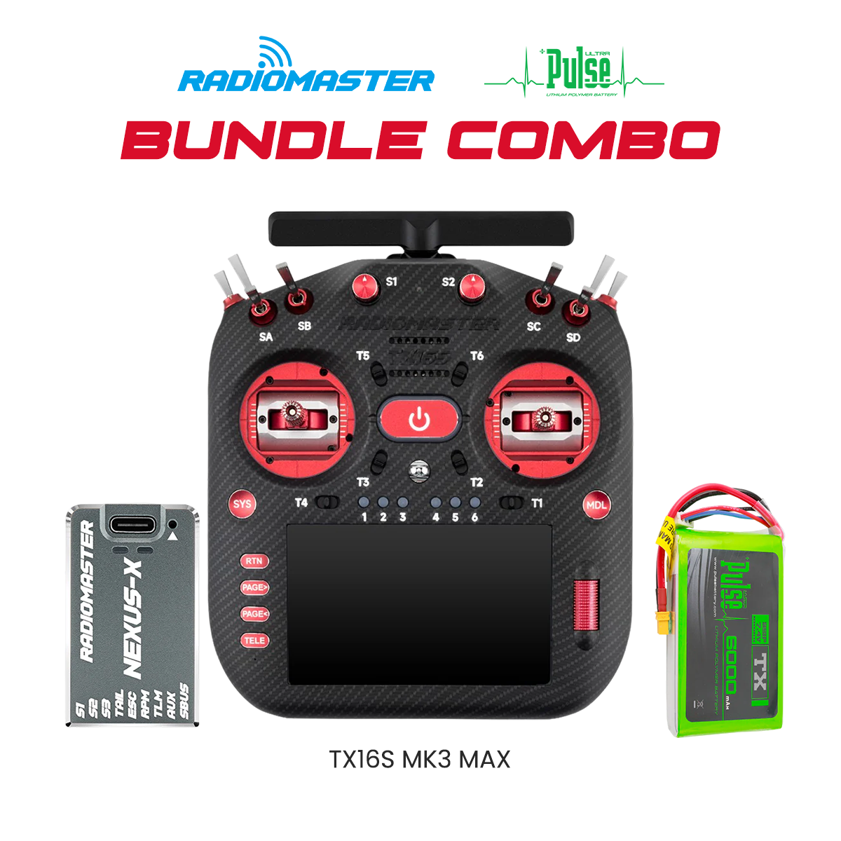 RadioMaster Ultimate Radio Bundle – TX16S MK3 MAX (Red), Nexus-X Flight Controller (Grey) & Pulse 6000mAh 2S 7.4V LiPo Transmitter Battery