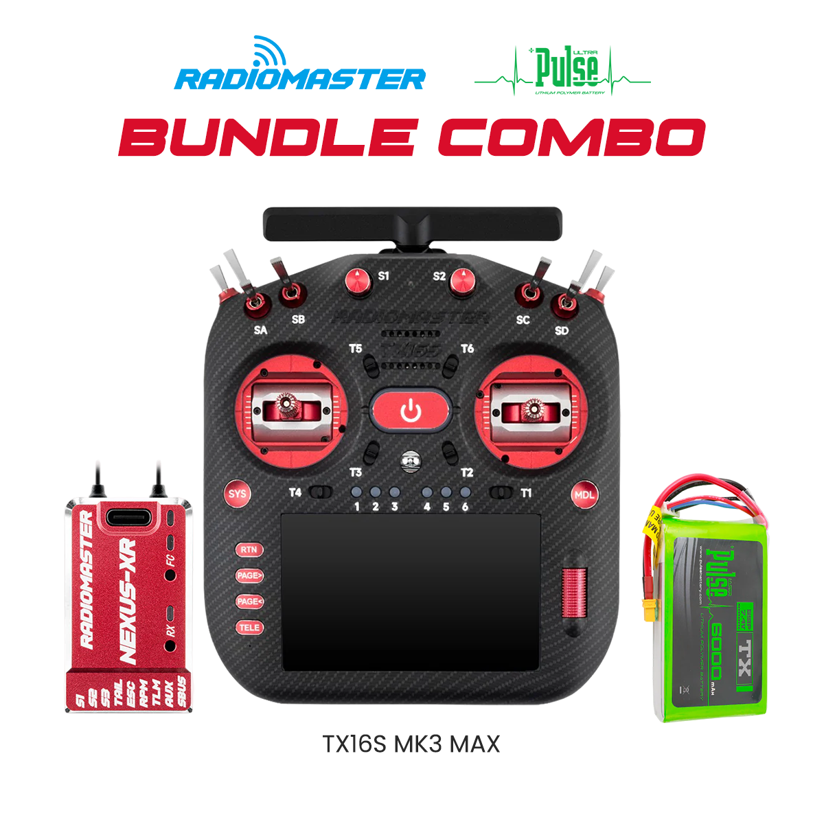 RadioMaster Ultimate Radio Bundle – TX16S MK3 MAX (Red), Nexus-XR Flight Controller (Red) & Pulse 6000mAh 2S 7.4V LiPo Transmitter Battery