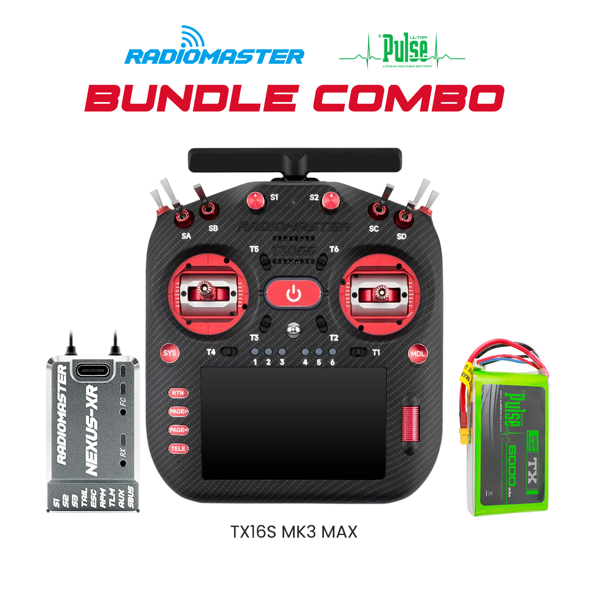 RadioMaster Ultimate Radio Bundle – TX16S MK3 MAX (Red), Nexus-XR Flight Controller (Grey) & Pulse 6000mAh 2S 7.4V LiPo Transmitter Battery