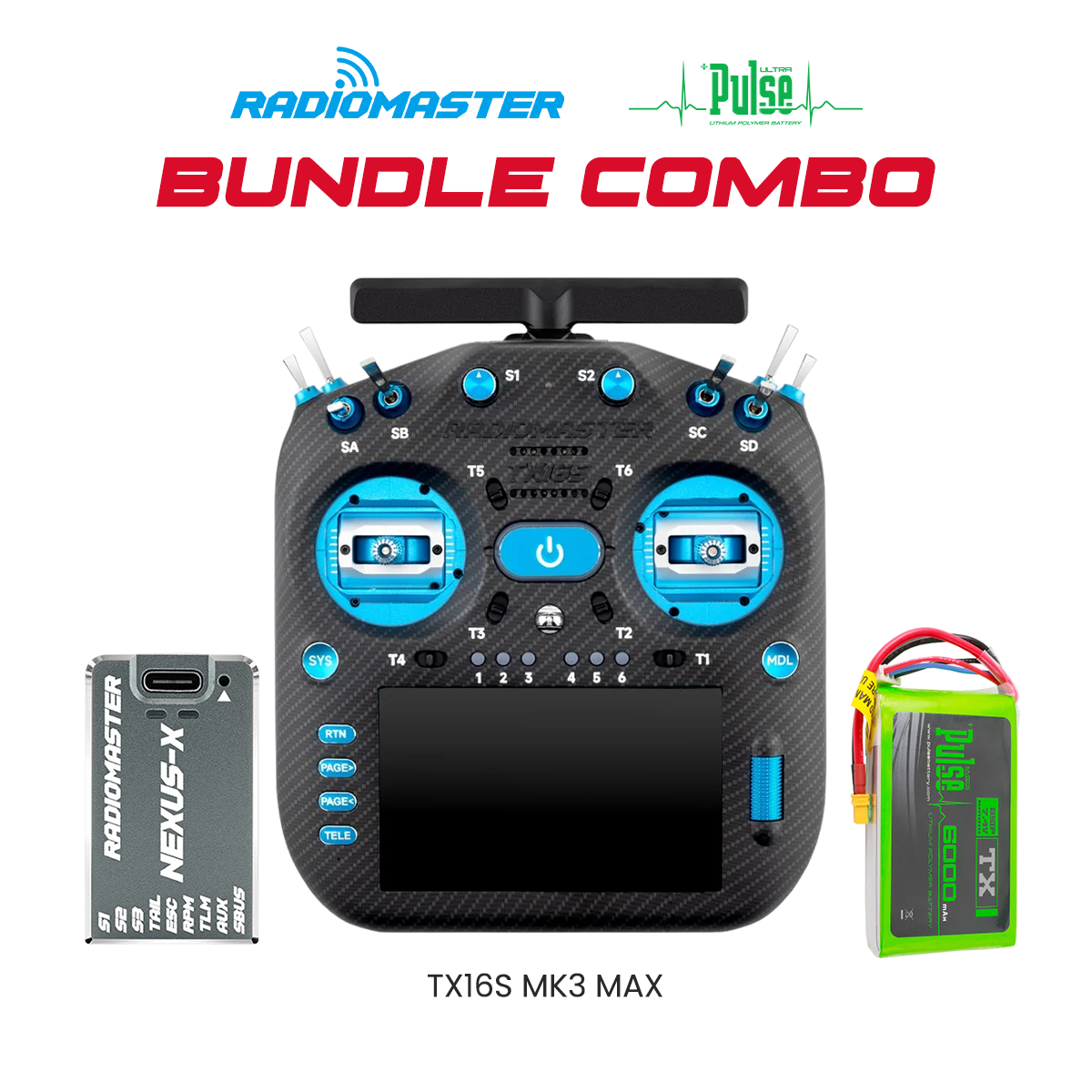 RadioMaster TX16S MK3 MAX Radio Controller (Blue) + Nexus-X Flight Controller (Grey) + Pulse 6000mAh 2S 7.4V LiPo Transmitter Battery Bundle