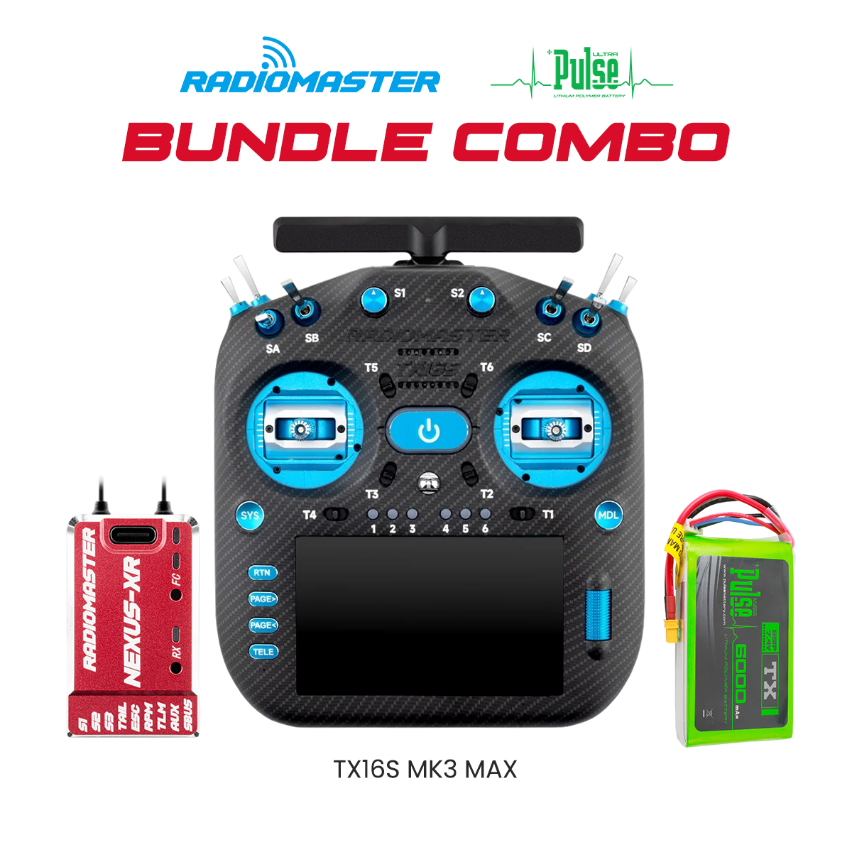 RadioMaster TX16S MK3 MAX Radio Controller (Blue) + Nexus-XR Flight Controller (Red) + Pulse 6000mAh 2S 7.4V LiPo Transmitter Battery Bundle