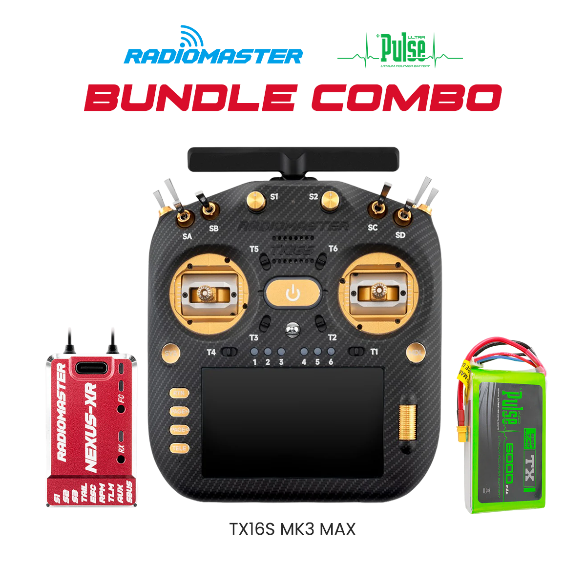 RadioMaster TX16S MK3 MAX Radio Controller (Gold) + Nexus-XR Flight Controller (Red) + Pulse 6000mAh 2S 7.4V LiPo Transmitter Battery Bundle