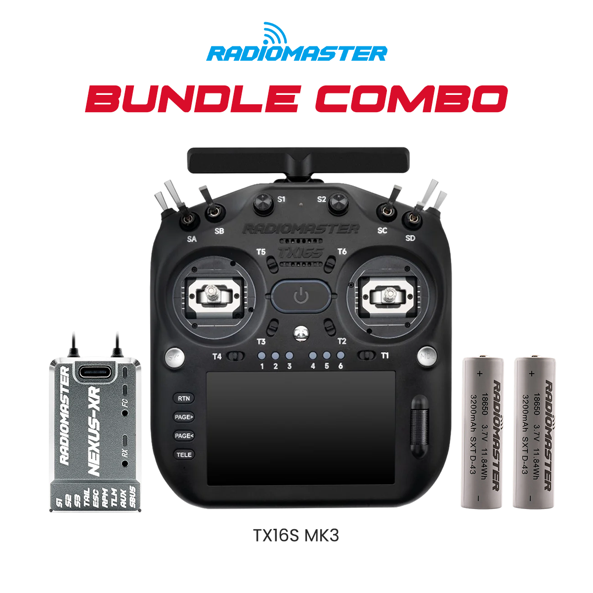 RadioMaster Ultimate Radio Bundle – TX16S MK3 (Black), Nexus-XR Flight Controller (Grey) & RadioMaster 18650 3200mAh 3.7V Battery (2pcs)