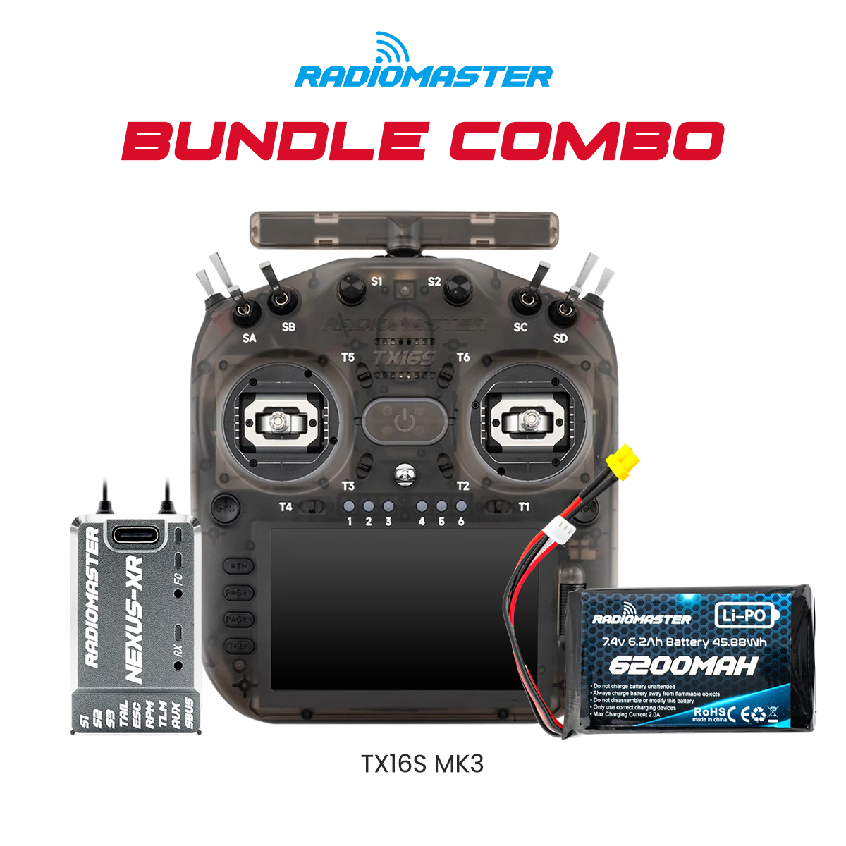 RadioMaster TX16S MK3 Radio Controller (Transparent Charcoal) + Nexus-XR Flight Controller (Grey) + RadioMaster 6200mAh 2S LiPo Transmitter Battery Bundle