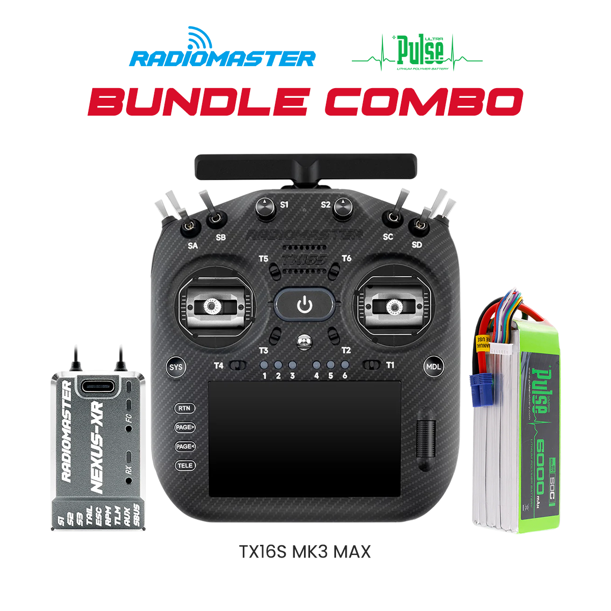 RadioMaster Ultimate Helicopter Electronics Bundle – TX16S MK3 MAX (Black), Nexus-XR Flight Controller (Grey) & PULSE 6000mAh 50C 22.2V 6S LiPo Battery (EC5)