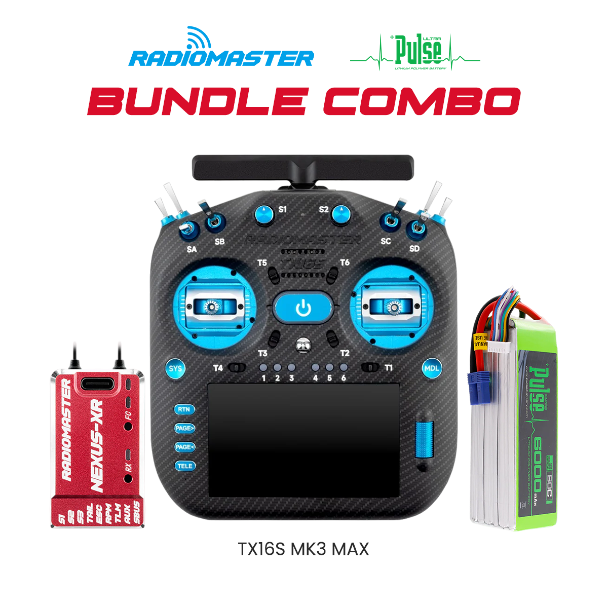 RadioMaster Ultimate Helicopter Electronics Bundle – TX16S MK3 MAX (Blue), Nexus-XR Flight Controller (Red) & PULSE 6000mAh 50C 22.2V 6S LiPo Battery (EC5)