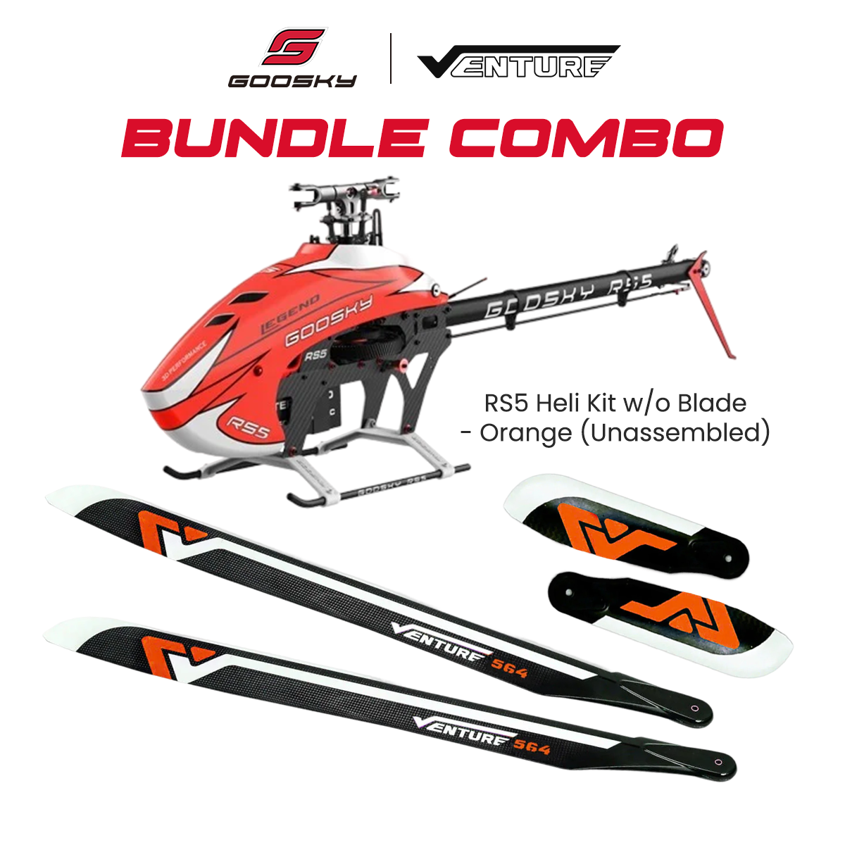 Goosky Legend RS5 Helicopter Unassembled Kit Combo With VENTURE 564mm Main Blades & 96mm Tail Blades - Orange
