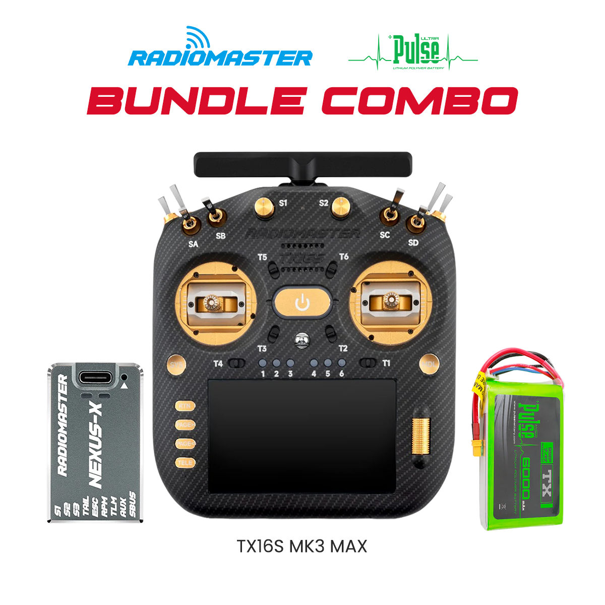 RadioMaster Ultimate Radio Bundle – TX16S MK3 MAX (Gold), Nexus-X Flight Controller (Grey) & Pulse 6000mAh 2S 7.4V LiPo Transmitter Battery