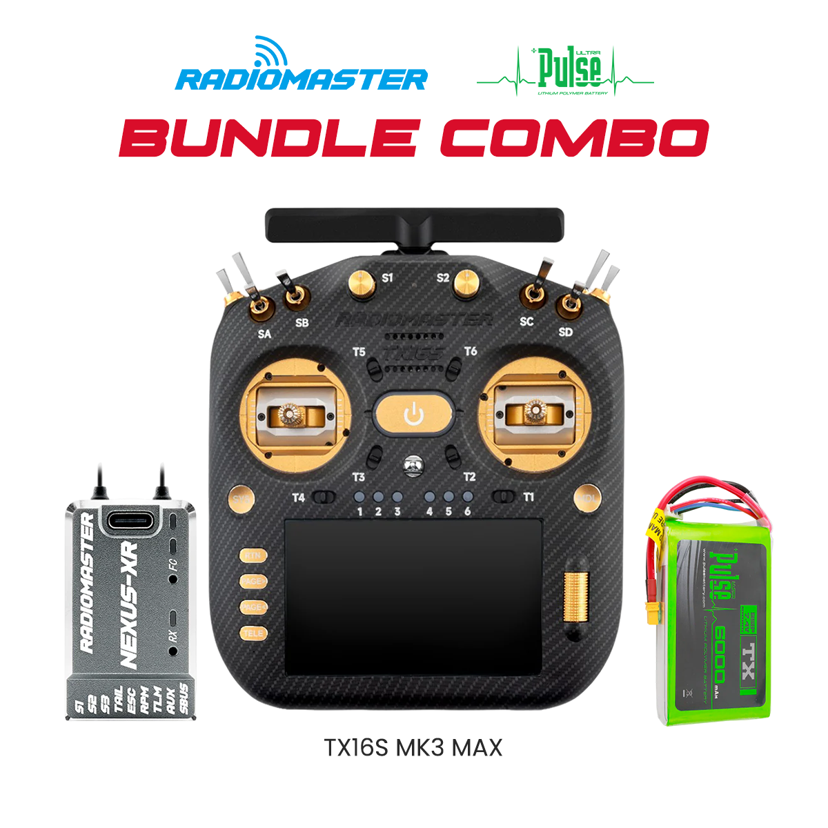 RadioMaster TX16S MK3 MAX Radio Controller (Gold) + Nexus-XR Flight Controller (Grey) + Pulse 6000mAh 2S 7.4V LiPo Transmitter Battery Bundle