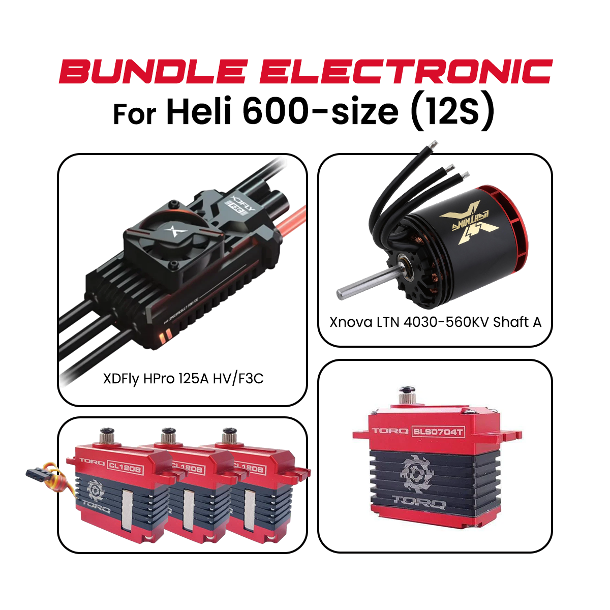 HeliDirect Performance Series 600-Class 12S HV Power & Servo Combo – Xnova 4030-560KV Motor, XDFly HPro 125A HV ESC & TORQ Servos