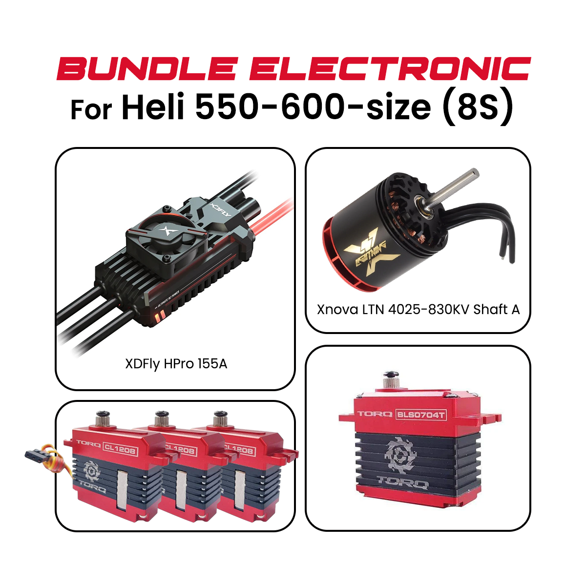 HeliDirect Performance Series 550–600 Class 8S Power & Servo Combo – Xnova 4025-830KV Motor, XDFly HPro 155A ESC & TORQ Servos