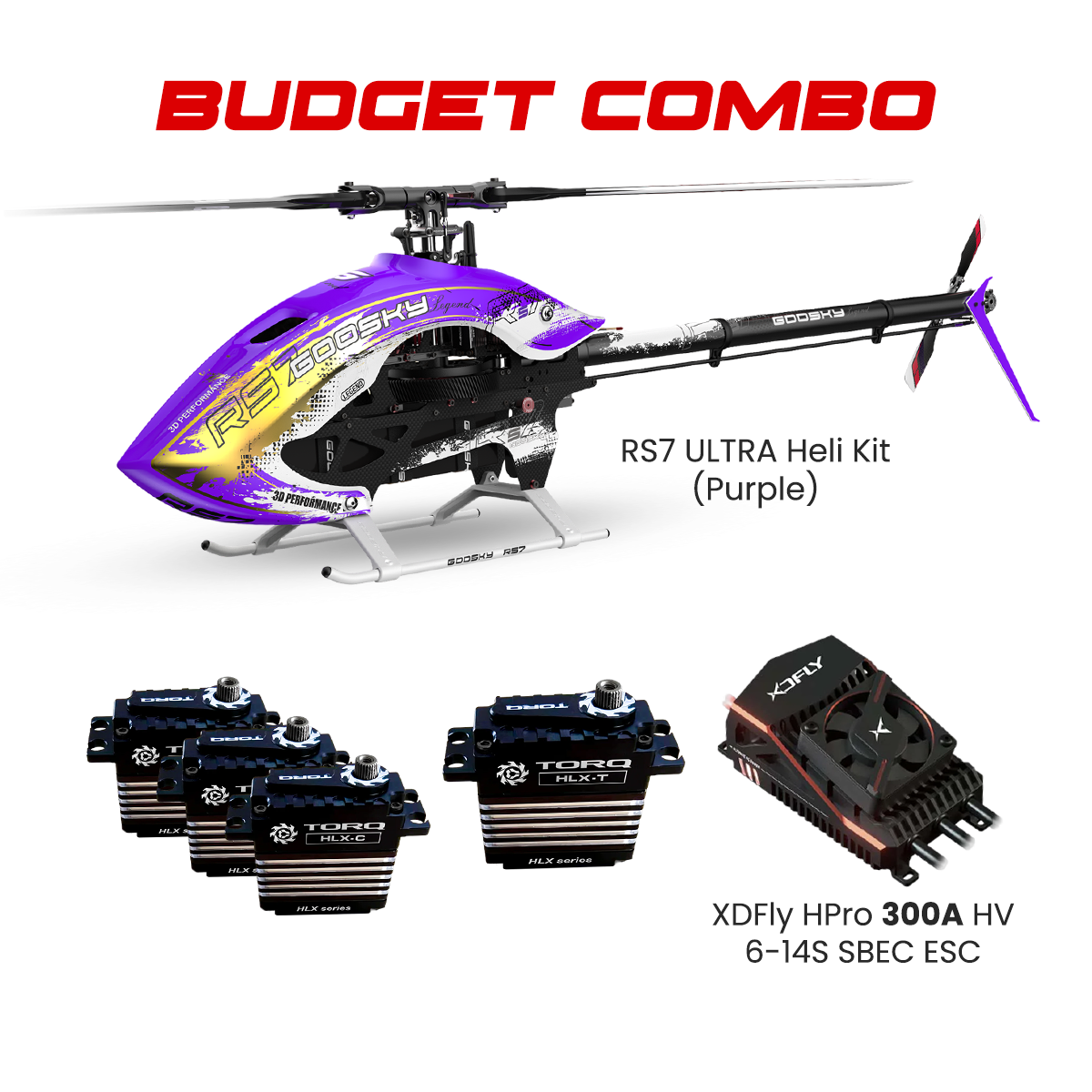 Goosky RS7 ULTRA Helicopter Kit (PURPLE) Without Blades Combo TORQ HLX Black Edition Servos & XDFly HPro 300A HV 6-14S ESC
