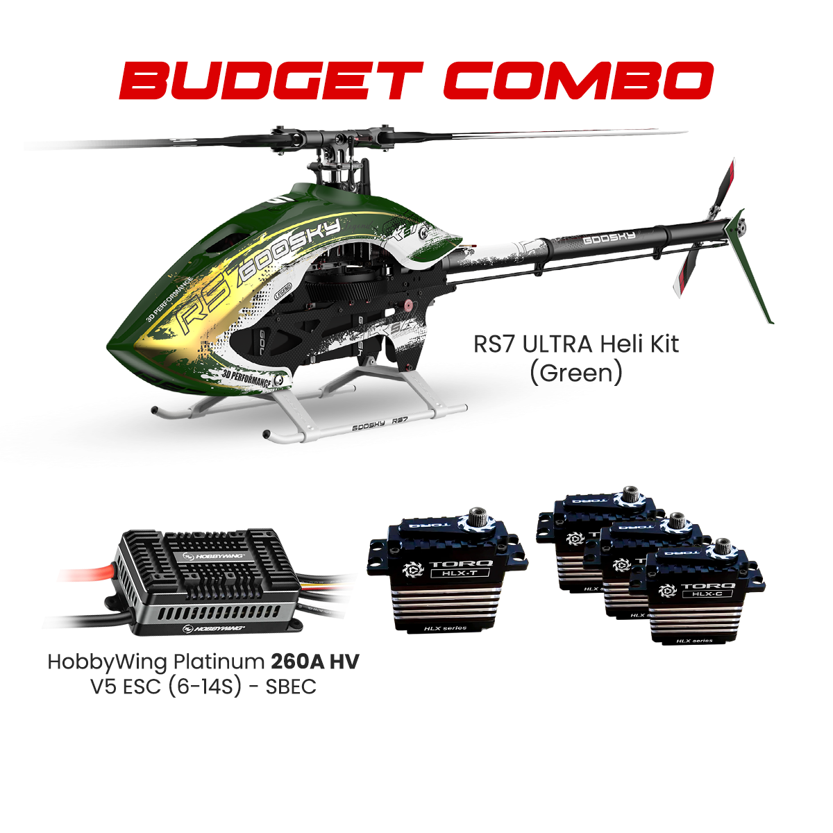Goosky RS7 ULTRA Helicopter Kit (GREEN) Without Blades Combo TORQ HLX Black Edition Servos & HobbyWing Platinum 260A HV V5 ESC (6-14S)