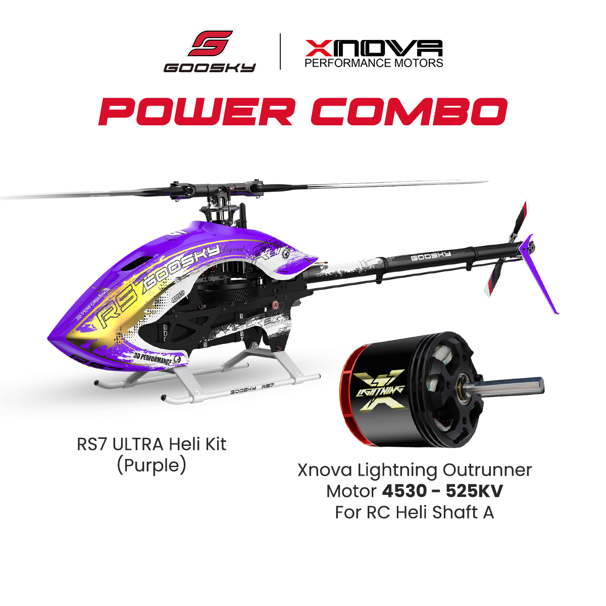 Goosky RS7 ULTRA Helicopter Kit (PURPLE) With Azure 700/105 Blades Combo Xnova Lightning Outrunner Motor 4530 - 525KV For RC Helicopter Shaft A