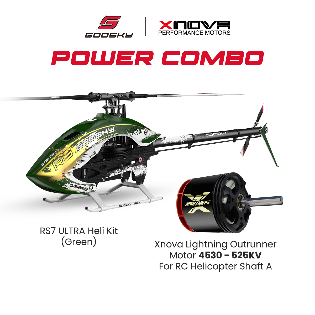 Goosky RS7 ULTRA Helicopter Kit (GREEN) With Azure 700/105 Blades Combo Xnova Lightning Outrunner Motor 4530 - 525KV For RC Helicopter Shaft A