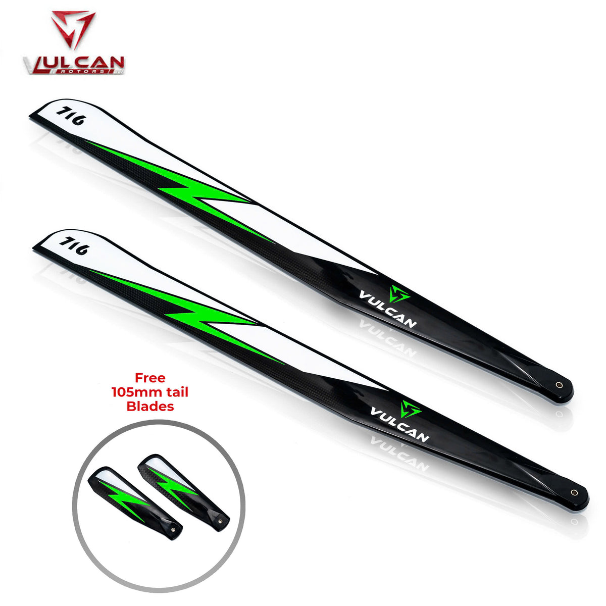 VULCAN ROTORS Precision Main Rotor Blades 716mm EVO VP (GREEN) Free Gift 105mm Tail Blades