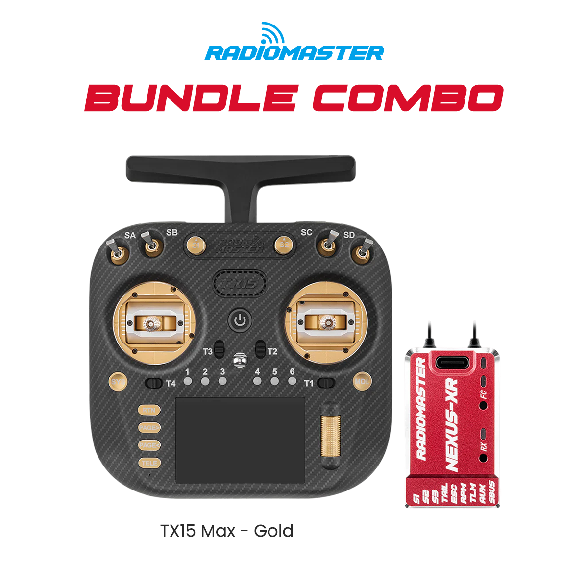 RadioMaster TX15 Max ExpressLRS Transmitter (Gold) with Nexus XR Helicopter Flight Controller ELRS Receiver (Red) Bundle