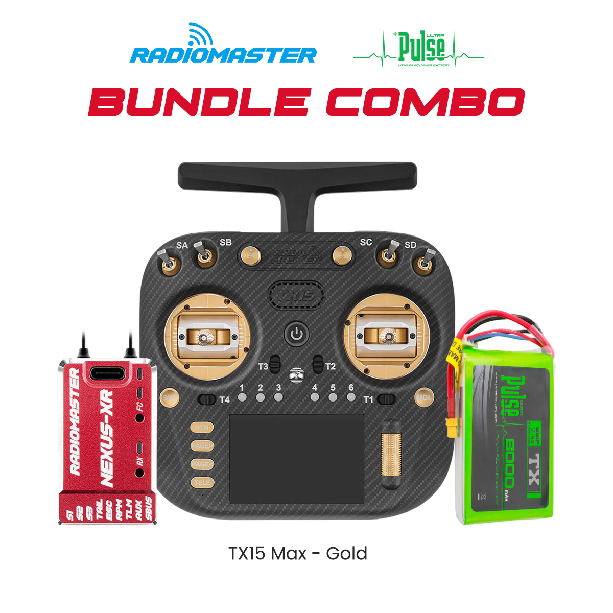 RadioMaster TX15 Max (Gold) ExpressLRS Transmitter with Nexus XR Red Helicopter Flight Controller ELRS Receiver and Pulse 6000mAh 2S LiPo Battery Bundle