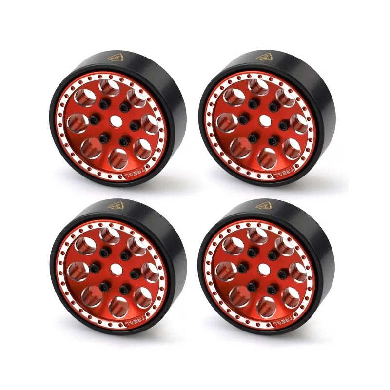Treal 1.0 Beadlock Wheels (4pcs) For Axial SCX24 1/24 Crawler Brass Ring (Red) - HeliDirect